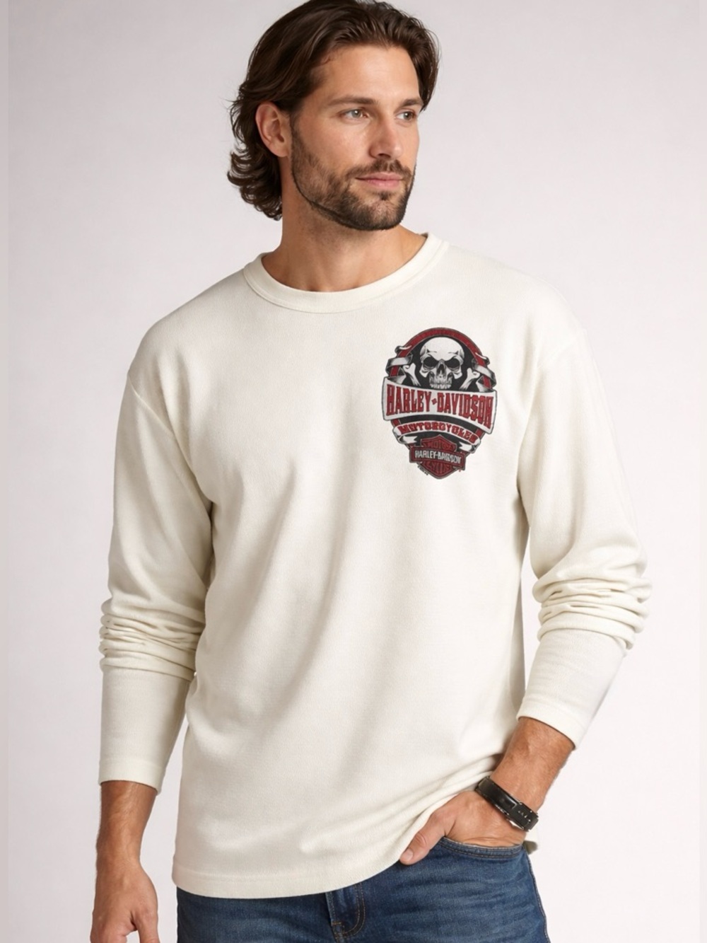 Harley-Davidson Thermal Shirt Men's L White Chicago IL Skull Wings Graphic